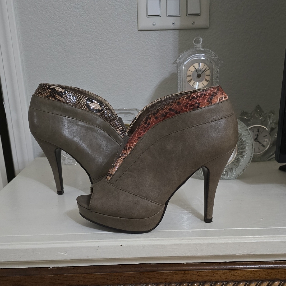Rampage Taupe and Snakeskin Peep-Toe Heels
